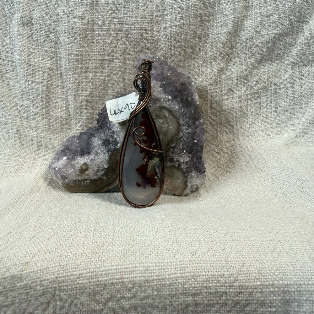 Natural Plume Agate Elongated Teardrop Gemstone Copper Wire Wrapped Pendant